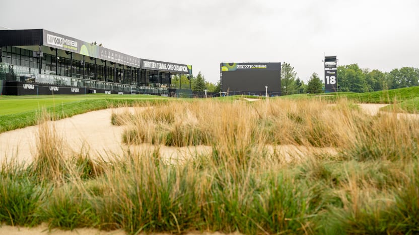 A general view of the 18th hole during the practice round before the start of LIV Golf Team Championship Michigan at The Cardinal at Saint John’s on Tuesday, August 19, 2025 in Plymouth, MIchigan. (Photo by Charles Laberge/LIV Golf)