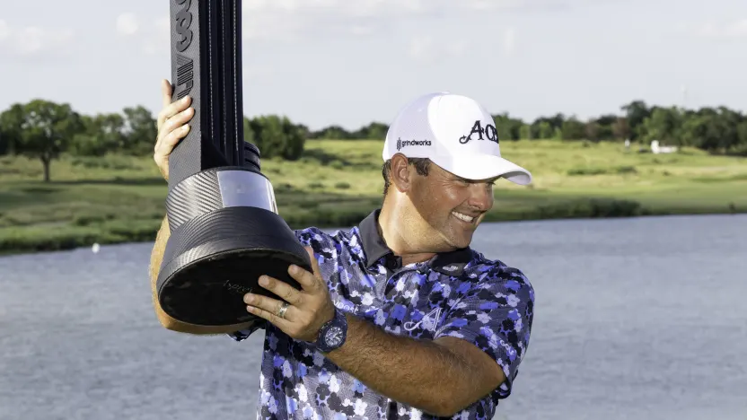 First place individual champion, Patrick Reed of 4Aces GC poses for a photo the trophy after the final round of LIV Golf Dallas at Maridoe Golf Club on Sunday, June 29, 2025 in Carrollton, Texas. (Photo by Montana Pritchard/LIV Golf)