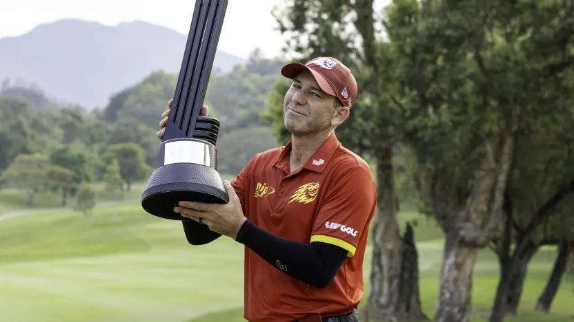 Captain Sergio Garcia of Fireballs GC poses for a photo with the Individual Champion Trophy after the final round of LIV Golf Hong Kong at Hong Kong Golf Club Fanling on Sunday, March 09, 2025 in Fanling, Hong Kong. (Photo by Montana Pritchard/LIV Golf)