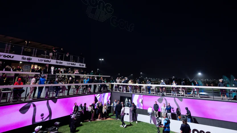 image: LONGLIVGOLF drone show seen from the first tee during the second round of LIV Golf Riyadh at Riyadh Golf Club on Friday, February 07, 2025 in Riyadh, Saudi Arabia. (Photo by Mateo Villalba/LIV Golf)