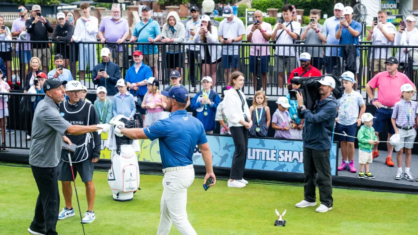 Captain Bryson DeChambeau of Crushers GC and Mito Pereira of Torque GC shake hands on the first hole before the final round of LIV Golf Virginia at Robert Trent Jones Golf Club on Sunday, June 08, 2025 in Gainesville, Virginia. (Photo by Charles Laberge/LIV Golf)