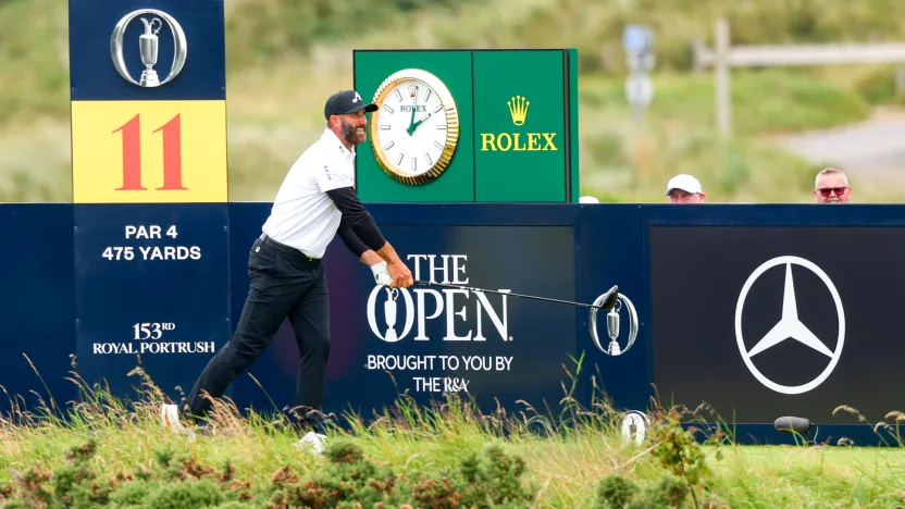 Captain Dustin Johnson of 4Aces GC hits his shot from the 11th tee during the third round of The Open Championship at Royal Portrush Golf Club on Saturday, July 19, 2025 in Portrush, Northern Ireland. (Photo by Chris Trotman/LIV Golf)