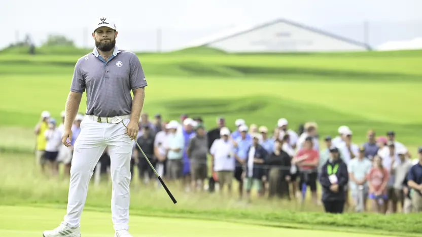 Tyrrell Hatton of Legion XIII reacts to his putt on the 10th green during the final round of the US Open at Oakmont Country Club on Sunday, June 15, 2025 in Oakmont, Pennsylvania. (Photo by Charles Laberge/LIV Golf)