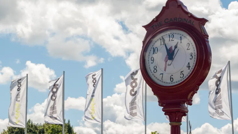 The Cardinal clock is seen before the final round of LIV Golf Team Championship Michigan at The Cardinal at Saint John’s on Sunday, August 24, 2025 in Plymouth, MIchigan. (Photo by Pedro Salado/LIV Golf)