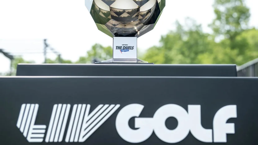 The LIV Golf Duels Virginia trophy seen during the Duels Virginia before the start of LIV Golf Virginia at Robert Trent Jones Golf Club on Tuesday, June 03, 2025 in Gainesville, Virginia. (Photo by Charles Laberge/LIV Golf)