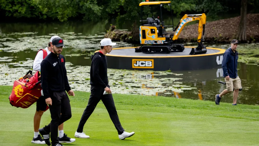 David Puig of Fireballs GC and Josele Ballester of Fireballs GC are seen on the first hole during the practice round before the start of LIV Golf United Kingdom by JCB at JCB Golf & Country Club on Tuesday, July 22, 2025 in Rocester, England. (Photo by Jon Ferrey/LIV Golf)
