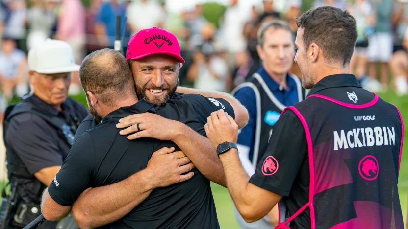 Jon Rahm hugs teammate Tyrrell Hatton during the final round of LIV Golf Team Championship Michigan at The Cardinal at Saint John’s on Sunday, August 24, 2025 in Plymouth, MIchigan. (Photo by Scott Taetsch/LIV Golf)