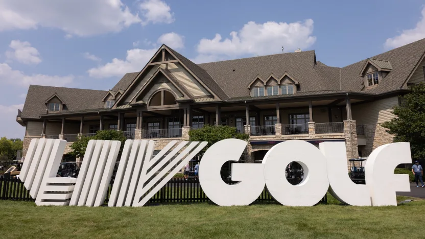 LIV Golf signage seen during the practice round before the start of LIV Golf Chicago at Bolingbrook Golf Club on Tuesday, August 05, 2025 in Bolingbrook, Illinois. (Photo by Chris Trotman/LIV Golf)