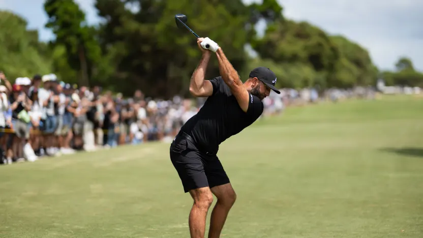 Captain Dustin Johnson of 4Aces GC hits his shot from the 10th tee during the second round of LIV Golf Adelaide at Grange Golf Club on Saturday, February 15, 2025 in Adelaide, Australia. (Photo by Matthew Harris/LIV Golf)