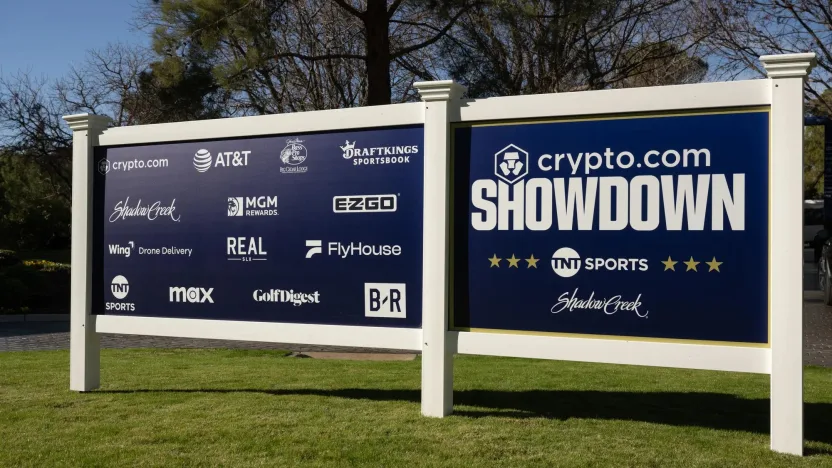 A general view of sponsorship signage before the Showdown at the Shadow Creek Golf Course on Monday, Dec. 16, 2024 in Las Vegas, Nevada. (Photo by Montana Pritchard/LIV Golf)