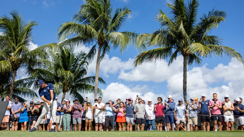 Captain Bryson DeChambeau of Crushers GC hits his shot from the 16th tee during the final round of LIV Golf Miami at Trump National Doral on Sunday, April 06, 2025 in Miami, Florida. (Photo by Chris Trotman/LIV Golf)