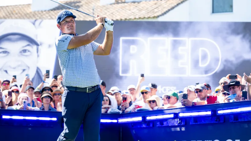 Patrick Reed of 4Aces GC hits his shot from the first tee during the final round of LIV Golf Andalucía at Real Club Valderrama on Sunday, July 13, 2025 in San Roque, Spain. (Photo by Charles Laberge/LIV Golf)