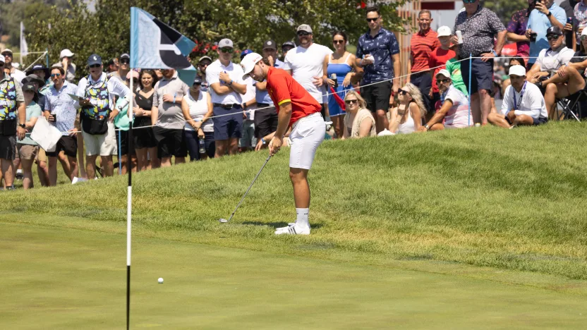 Josele Ballester of Fireballs GC putts on the fifth green during the second round of LIV Golf Chicago at Bolingbrook Golf Club on Saturday, August 09, 2025 in Bolingbrook, Illinois. (Photo by LIV Golf)