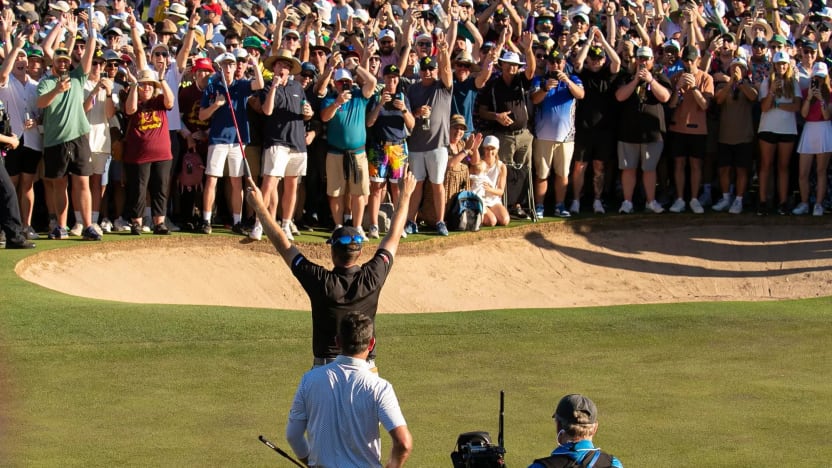 Talor Gooch of RangeGoats GC celebrates his win as the gallery cheers during the final round of LIV Golf Adelaide at the Grange Golf Club on Sunday, Apr. 23, 2023 in Adelaide, Australia. (Photo by Jason O'Brien/LIV Golf)