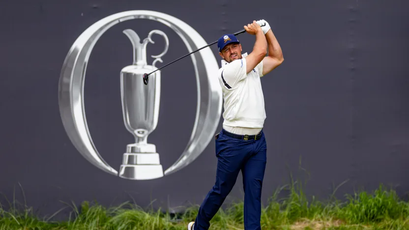 Captain Bryson DeChambeau of Crushers GC hits his shot from the first tee during the third round of The Open Championship at Royal Portrush Golf Club on Saturday, July 19, 2025 in Portrush, Northern Ireland. (Photo by LIV Golf)
