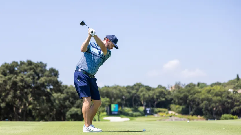 Branden Grace of Stinger GC hits his shot from the fourth tee during the practice round before the start of LIV Golf Andalucía at Real Club Valderrama on Tuesday, July 08, 2025 in San Roque, Spain. (Photo by Chris Trotman/LIV Golf)