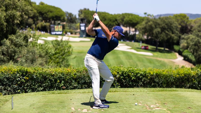 Captain Bryson DeChambeau of Crushers GC hits his shot from the 15th tee during the final round of LIV Golf Andalucía at Real Club Valderrama on Sunday, July 13, 2025 in San Roque, Spain. (Photo by Chris Trotman/LIV Golf)