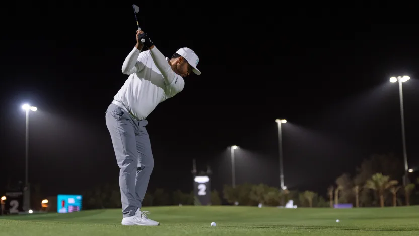 image: Sebastián Muñoz of Torque GC hits his shot from the fairway on the second hole during the second round of LIV Golf Riyadh at Riyadh Golf Club on Friday, February 07, 2025 in Riyadh, Saudi Arabia. (Photo by Mateo Villalba/LIV Golf)