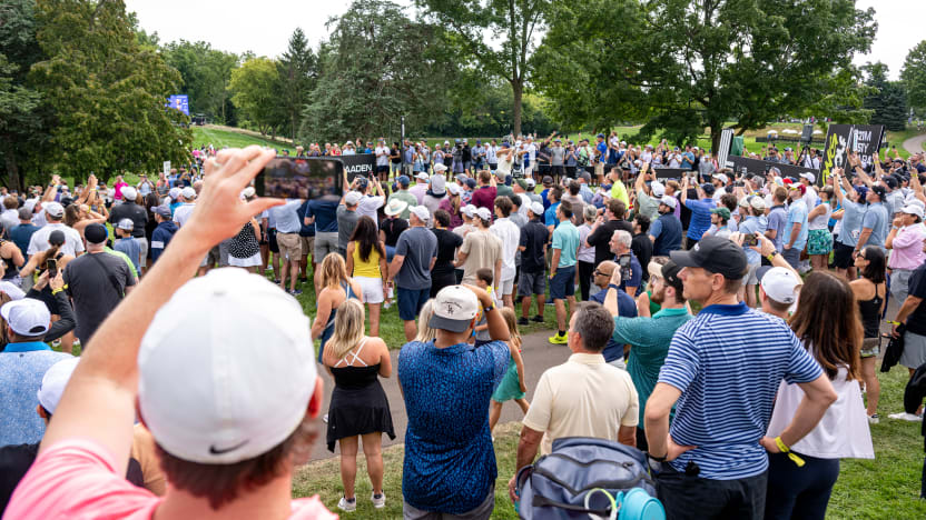 The crowd gathers around to watch Captain Bryson DeChambeau of Crushers GC hit his shot from the 10th tee during the semifinals of LIV Golf Team Championship Michigan at The Cardinal at Saint John’s on Saturday, August 23, 2025 in Plymouth, MIchigan. (Photo by Charles Laberge/LIV Golf)