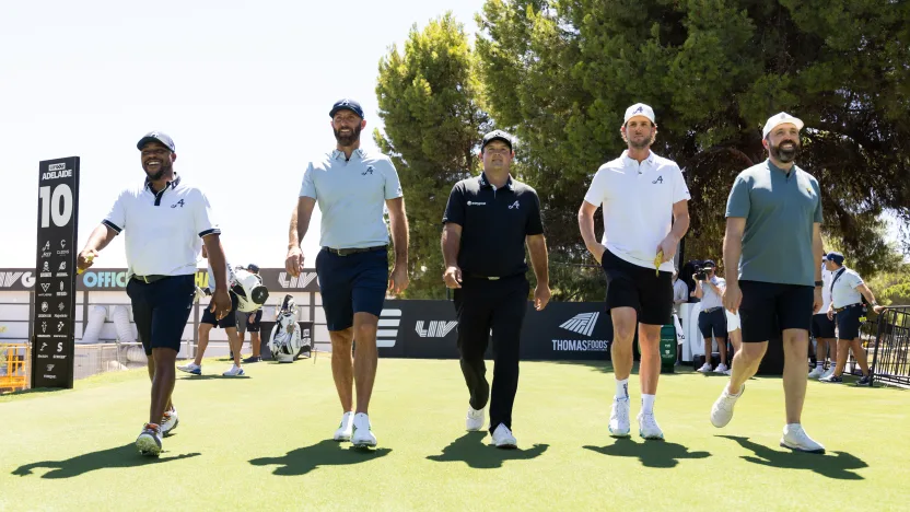 Harold Varner III of 4Aces GC, Captain Dustin Johnson of 4Aces GC, Patrick Reed of 4Aces GC, Thomas Pieters of 4Aces GC and LIV Golf Ambassador, Rick Shiels is seen on the 10th tee during the practice round before the start of LIV Golf Adelaide at Grange Golf Club on Tuesday, February 11, 2025 in Adelaide, Australia. (Photo by Scott Taetsch/LIV Golf)