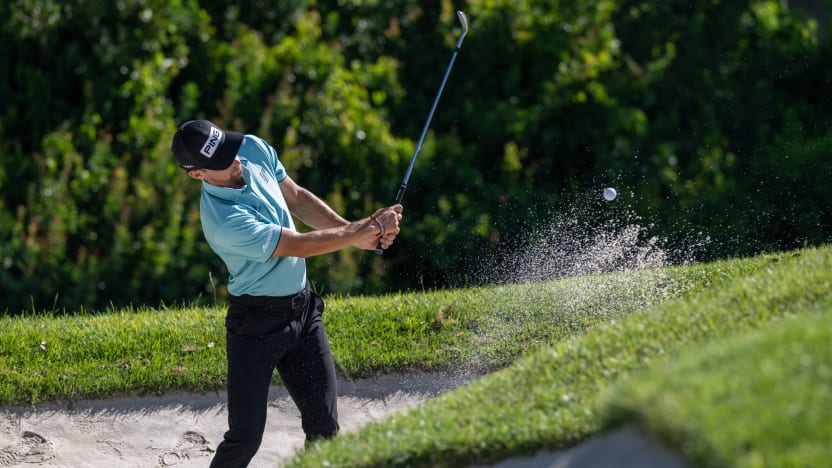 Captain Joaquín Niemann of Torque GC hits his shot from the bunker on the practice range during the final round of LIV Golf Andalucía at Real Club Valderrama on Sunday, July 13, 2025 in San Roque, Spain. (Photo by Matthew Harris/LIV Golf)