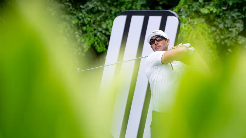 Cameron Tringale of HyFlyers GC hits his shot from the fifth tee during the first round of LIV Golf Singapore at Sentosa Golf Club on Friday, March 14, 2025 in Sentosa, Singapore. (Photo by Mike Stobe/LIV Golf)