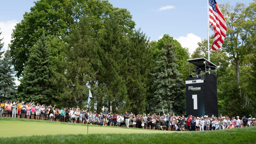 Fans are seen on the first green during the final round of LIV Golf Team Championship Michigan at The Cardinal at Saint John’s on Sunday, August 24, 2025 in Plymouth, MIchigan. (Photo by Charles Laberge/LIV Golf)