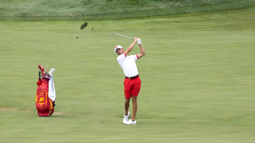 David Puig of Fireballs GC hits his shot on the 15th hole during the practice round before the start of LIV Golf Indianapolis at The Club at Chatham Hills on Tuesday, August 12, 2025 in Westfield, Indiana. (Photo by Jon Ferrey/LIV Golf)