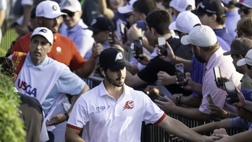 Josele Ballester of Fireballs GC high-fives fans during the first round of the US Open at Oakmont Country Club on Thursday, June 12, 2025 in Oakmont, Pennsylvania. (Photo by Charles Laberge/LIV Golf)