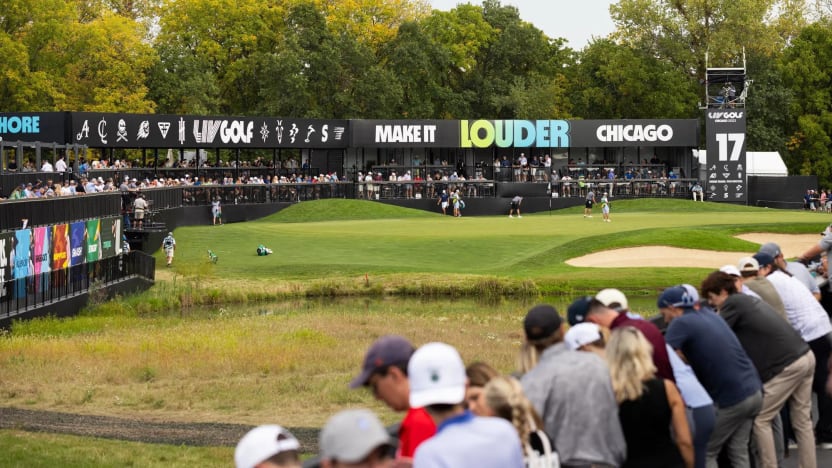 Fans at the party hole on the 17th hole during the final round of LIV Golf Chicago at the Rich Harvest Farms on Sunday, September 24, 2023 in Sugar Grove, Illinois. (Photo by Katelyn Mulcahy/LIV Golf)
