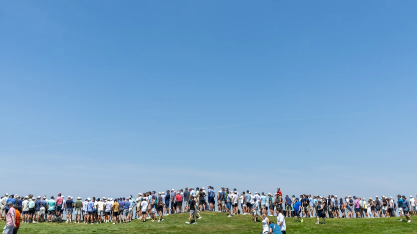The gallery is seen along the 12th hole during the second round of LIV Golf Chicago at Bolingbrook Golf Club on Saturday, August 09, 2025 in Bolingbrook, Illinois. (Photo by Jon Ferrey/LIV Golf)