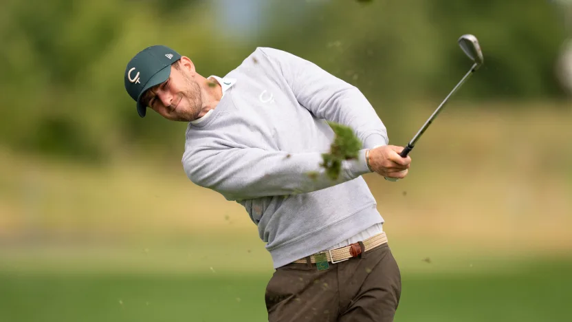 Frederik Kjettrup of Cleeks GC hits his shot on the 15th hole during the second round of LIV Golf United Kingdom at JCB Golf & Country Club on Saturday, July 26, 2025 in Rocester, England. (Photo by Pedro Salado/LIV Golf)