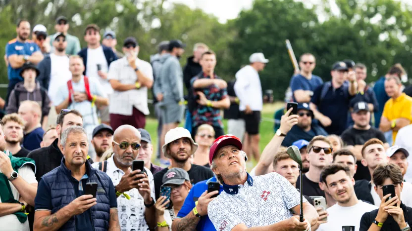 Matt Jones of Ripper GC hits his shot on the 12th hole during the second round of LIV Golf United Kingdom at JCB Golf & Country Club on Saturday, July 26, 2025 in Rocester, England. (Photo by Jon Ferrey/LIV Golf)
