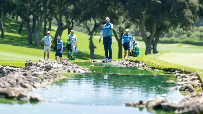 Dean Burmester of Stinger GC is seen on the 4th hole during the practice round before the start of LIV Golf Andalucía at Real Club Valderrama on Tuesday, July 08, 2025 in San Roque, Spain. (Photo by Charles Laberge/LIV Golf)