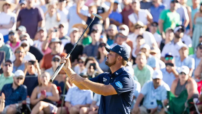 Captain Bryson DeChambeau of Crushers GC reacts after his putt during the final round of the 2025 PGA Championship at Quail Hollow Club on Sunday, May 18, 2025 in Charlotte, North Carolina. (Photo by Jon Ferrey/LIV Golf)