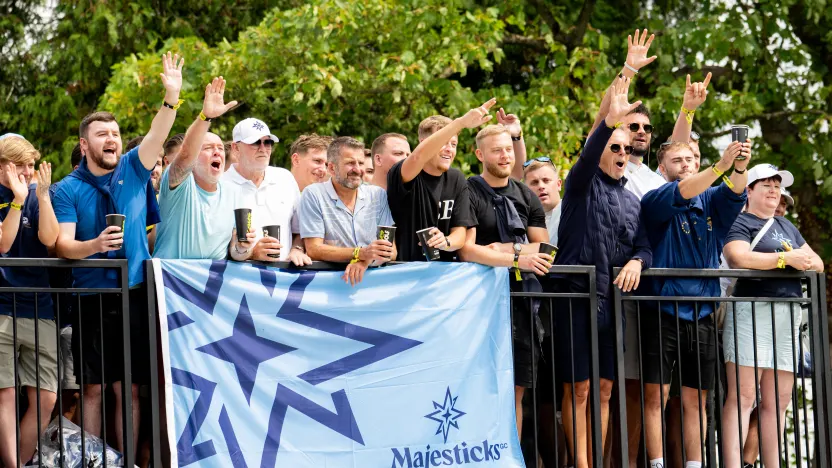 Fan cheer from the Majesticks Arms Hospitality during the second round of LIV Golf United Kingdom at JCB Golf & Country Club on Saturday, July 26, 2025 in Rocester, England. (Photo by Charles Laberge/LIV Golf)