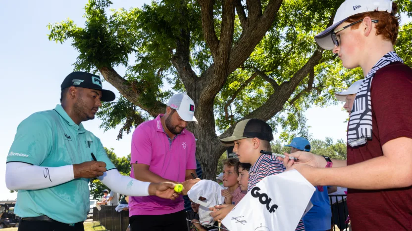 Mito Pereira of Torque GC and Peter Uihlein of RangeGoats GC signs autographs prior to the start of the final round of LIV Golf Dallas at Maridoe Golf Club on Sunday, June 29, 2025 in Carrollton, Texas. (Photo by Scott Taetsch/LIV Golf)