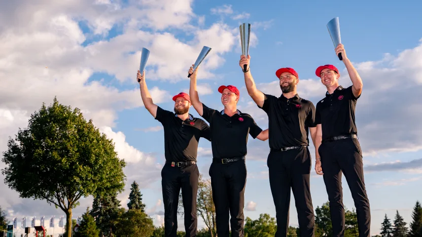 Team Champions Captain Jon Rahm, Tyrrell Hatton, Caleb Surratt and Tom McKibbin of Legion XIII pose with the trophy following the final round of LIV Golf Team Championship Michigan at The Cardinal at Saint John’s on Sunday, August 24, 2025 in Plymouth, MIchigan. (Photo by Pedro Salado/LIV Golf)