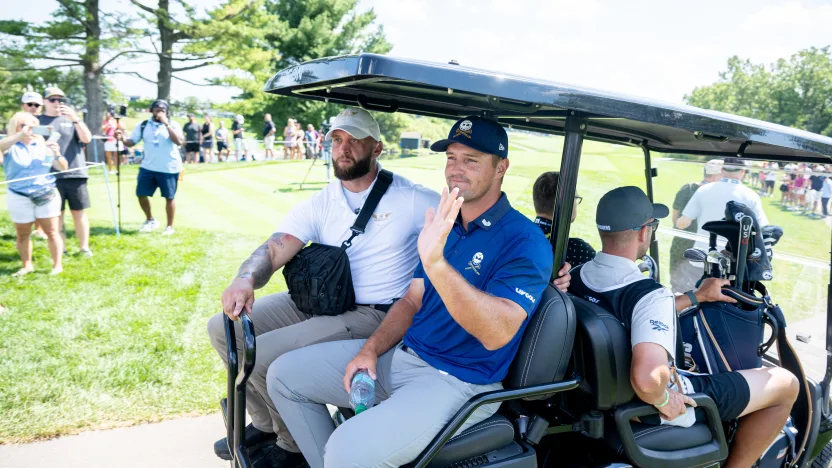 Captain Bryson DeChambeau of Crushers GC seen in a golf cart before the starts of the quarterfinals of LIV Golf Team Championship Michigan at The Cardinal at Saint John’s on Friday, August 22, 2025 in Plymouth, MIchigan. (Photo by Charles Laberge/LIV Golf)