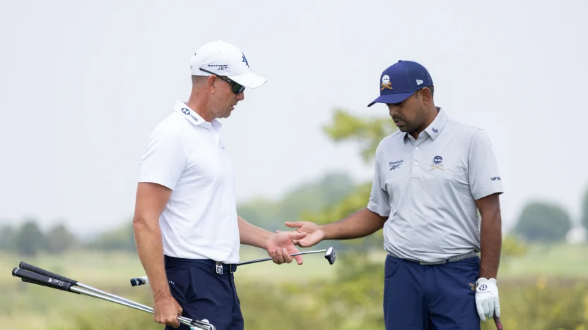 Co-Captain Henrik Stenson of Majesticks GC and Anirban Lahiri of Crushers GC are seen during the practice round before the start of LIV Golf Chicago at Bolingbrook Golf Club on Tuesday, August 05, 2025 in Bolingbrook, Illinois. (Photo by Jon Ferrey/LIV Golf)