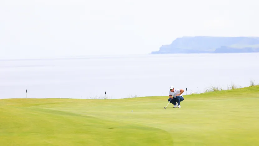 Co-Captain Henrik Stenson of Majesticks GC lines up a putt on the fifth green during the final round of The Open Championship at Royal Portrush Golf Club on Sunday, July 20, 2025 in Portrush, Northern Ireland. (Photo by Chris Trotman/LIV Golf)