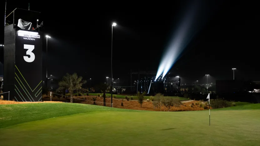 image: An overview of the third hole before the start of LIV Golf Riyadh at Riyadh Golf Club on Monday, Feb. 03, 2025 in Riyadh, Saudi Arabia. (Photo by Charles Laberge/LIV Golf)