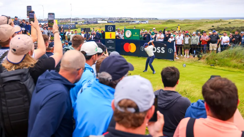 Captain Bryson DeChambeau of Crushers GC hits his shot from the fourth tee during the third round of The Open Championship at Royal Portrush Golf Club on Saturday, July 19, 2025 in Portrush, Northern Ireland. (Photo by Chris Trotman/LIV Golf)
