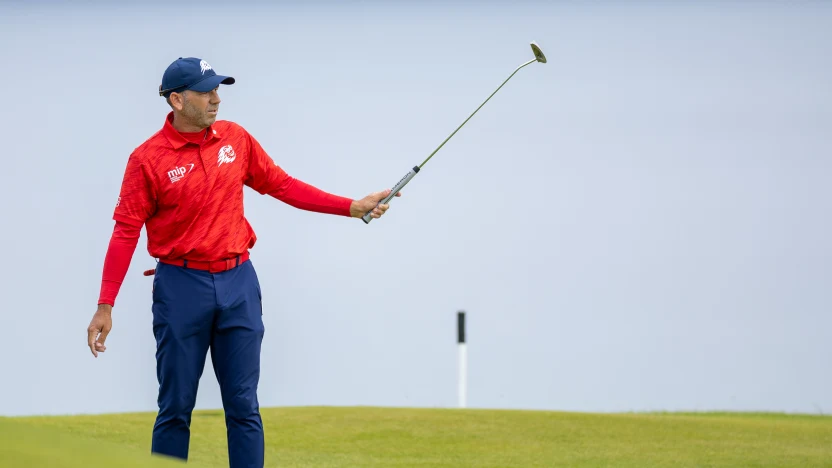 Captain Sergio Garcia of Fireballs GC putts on the fifth green during the third round of The Open Championship at Royal Portrush Golf Club on Saturday, July 19, 2025 in Portrush, Northern Ireland. (Photo by LIV Golf)