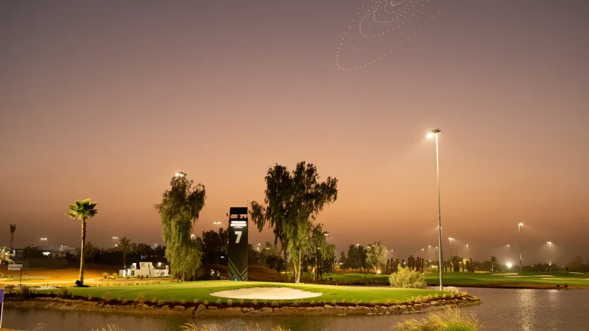 image: An overview of a drone light show seen over the seventh hole before the second round of LIV Golf Riyadh at Riyadh Golf Club on Friday, February 07, 2025 in Riyadh, Saudi Arabia. (Photo by Charles Laberge/LIV Golf)