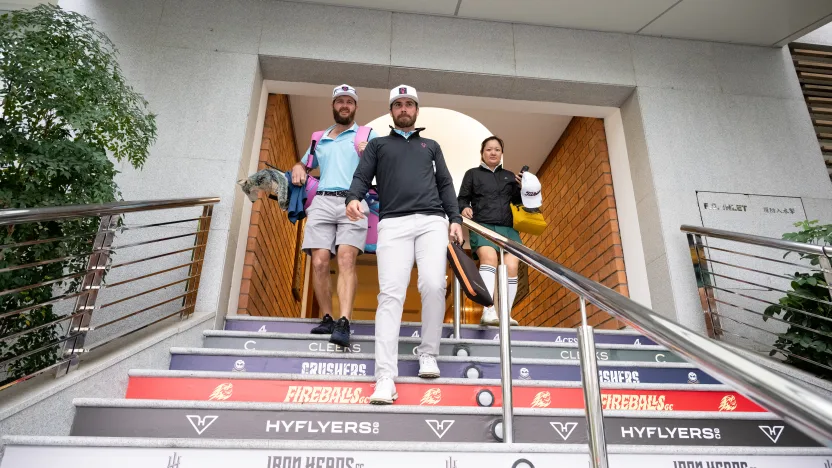 Matthew Wolff of RangeGoats GC and caddie, Nick Heinen, seen during the practice round before the start of LIV Golf Hong Kong at Hong Kong Golf Club Fanling on Wednesday, March 05, 2025 in Fanling, Hong Kong. (Photo by Charles Laberge/LIV Golf)