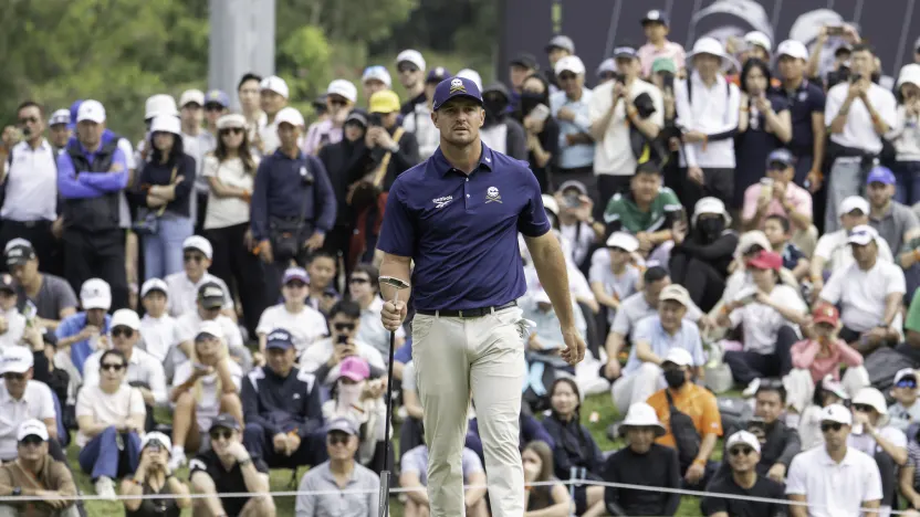 Captain Bryson DeChambeau of Crushers GC reacts to his putt on the 10th green during the final round of LIV Golf Hong Kong at Hong Kong Golf Club Fanling on Sunday, March 09, 2025 in Fanling, Hong Kong. (Photo by Charles Laberge/LIV Golf)