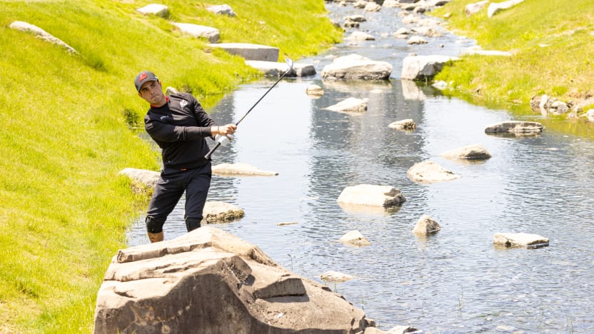Abraham Ancer of Fireballs GC hits his shot from the water on the 14th hole during the final round of LIV Golf Korea at Jack Nicklaus Golf Club on Sunday, May 04, 2025 in Incheon, South Korea. (Photo by LIV Golf)