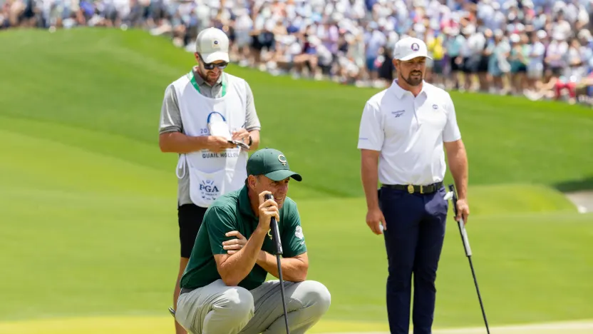 Richard Bland of Cleeks GC reads his putt on the first green during the third round of the 2025 PGA Championship at Quail Hollow Club on Saturday, May 17, 2025 in Charlotte, North Carolina. (Photo by Jon Ferrey/LIV Golf)