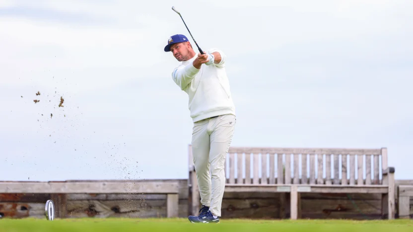 Captain Bryson DeChambeau of Crushers GC hits his shot from the sixth tee during the second round of The Open Championship at Royal Portrush Golf Club on Friday, July 18, 2025 in Portrush, Northern Ireland. (Photo by Chris Trotman/LIV Golf)